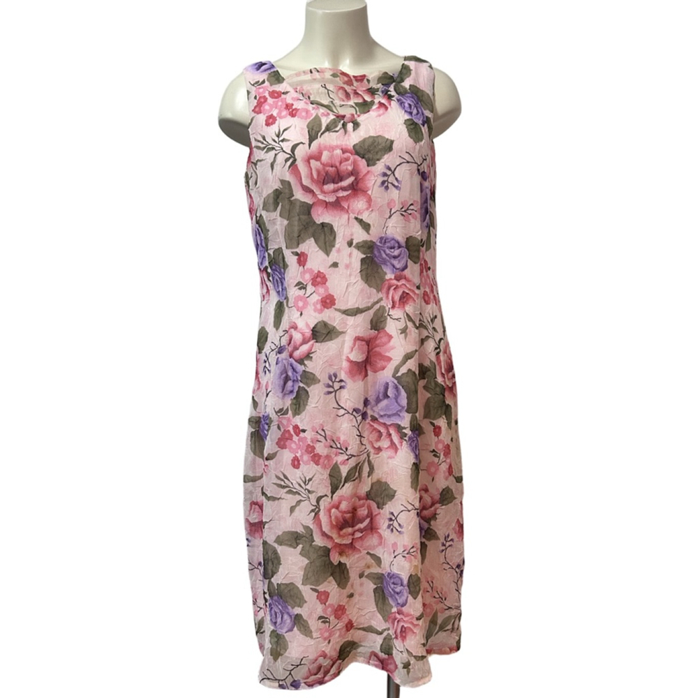 Women’s Sleeveless Floral Sheer Dress, Size 14, Pink & Purple Roses